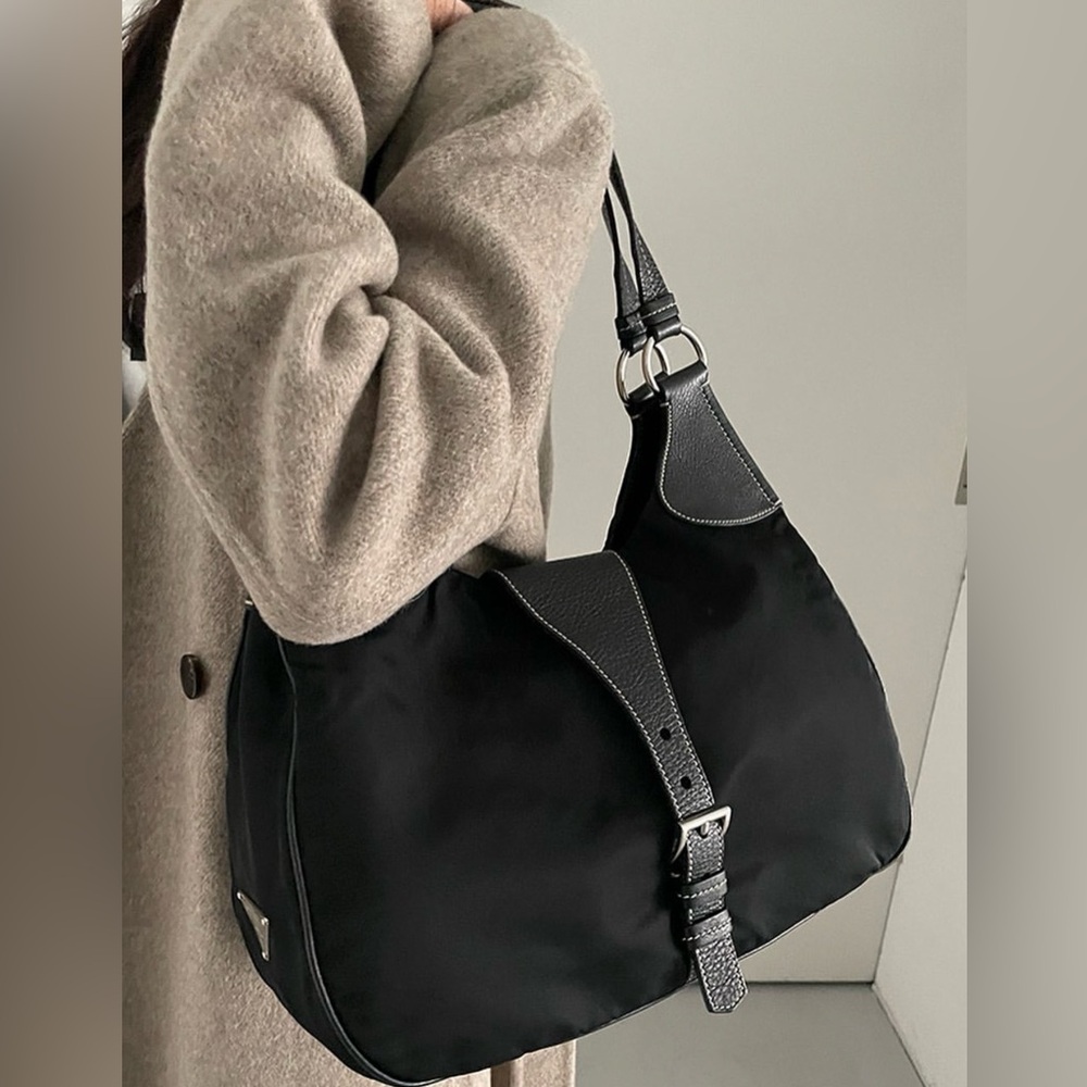 PRADA Tessuto Nylon Leather Half Moon Shoulder Hobo Bag
